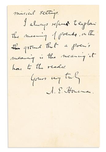 HOUSMAN, A.E. Two items: A Shropshire Lad. Signed on the half-title * Autograph Letter Signed.